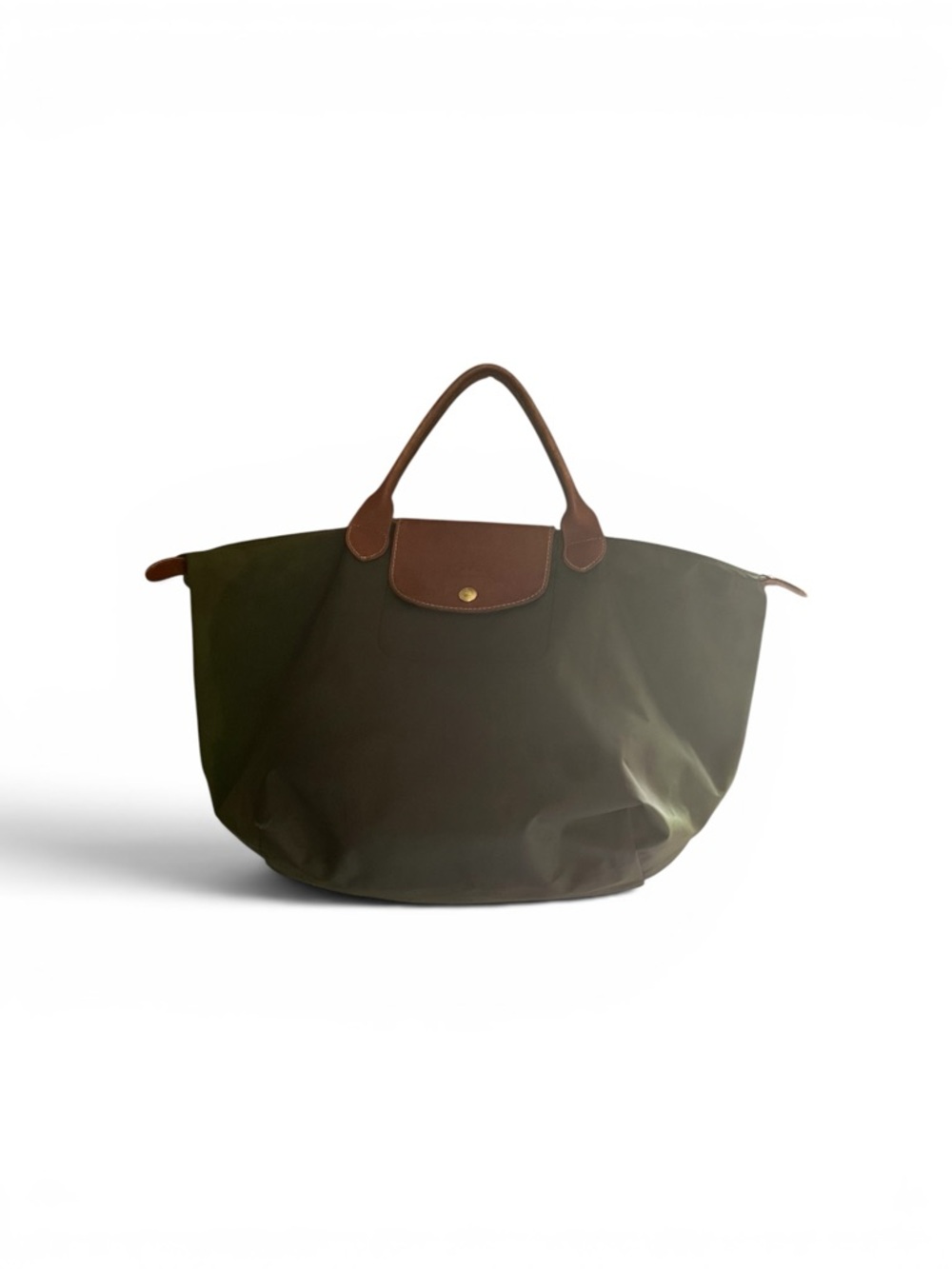 Longchamp Olive Green Nylon Tote with Brown Leather Handles